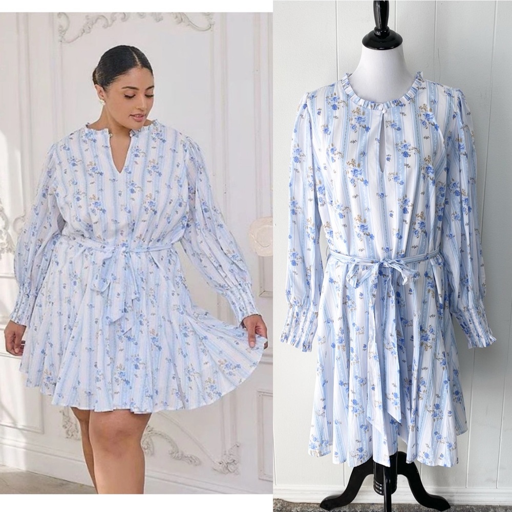 Sugarlips Light Blue Floral Long Sleeve Pleated Dress